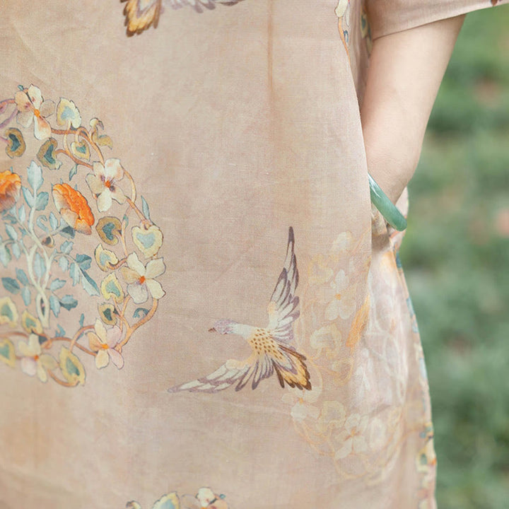 Buddha Stones Orange Flower Bird Print Cheongsam Midi Dress Cotton Linen Half Sleeve Dress With Pockets - image 3