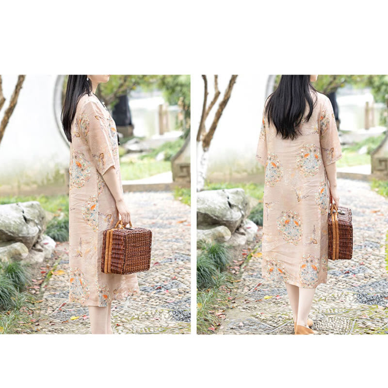 Buddha Stones Orange Flower Bird Print Cheongsam Midi Dress Cotton Linen Half Sleeve Dress With Pockets - image 5