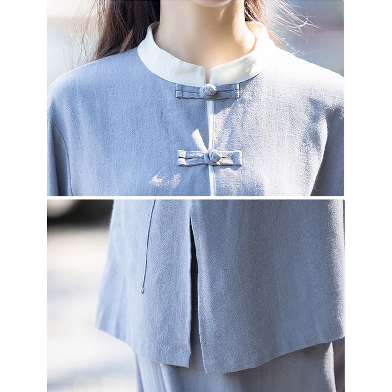 Buddha Stones 2Pcs Frog-Button Long Sleeve Shirt Top Pants Meditation Zen Tai Chi Cotton Linen Clothing Women's Set - image 10