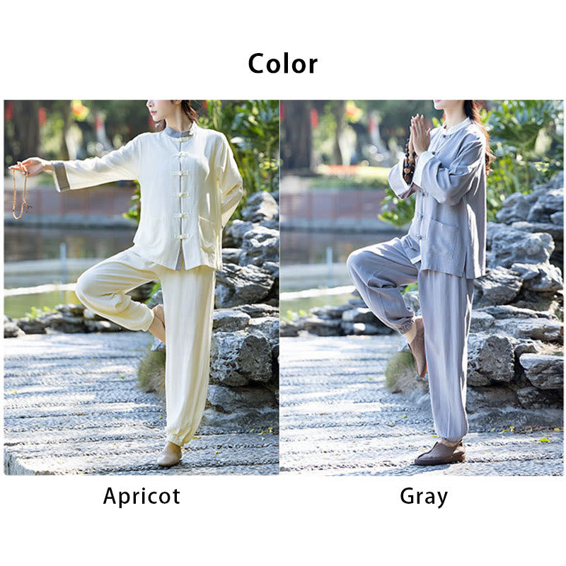 Buddha Stones 2Pcs Frog-Button Long Sleeve Shirt Top Pants Meditation Zen Tai Chi Cotton Linen Clothing Women's Set - image 13