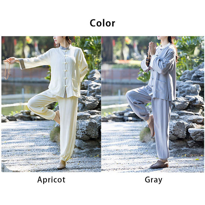 Buddha Stones 2Pcs Frog-Button Long Sleeve Shirt Top Pants Meditation Zen Tai Chi Cotton Linen Clothing Women's Set - image 13