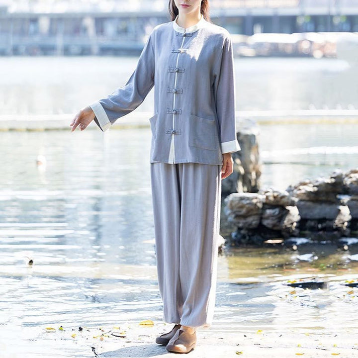 Buddha Stones 2Pcs Frog-Button Long Sleeve Shirt Top Pants Meditation Zen Tai Chi Cotton Linen Clothing Women's Set - Gray(Top&Pants) - US8-10，UK/AU12-14，EU40-42 (2XL) - image 5