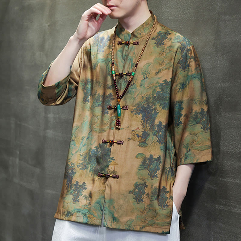 Buddha Stones Landscape Chinese Dragon Pattern Chinese Three Quarter Sleeve Shirt Men T-shirt - image 4