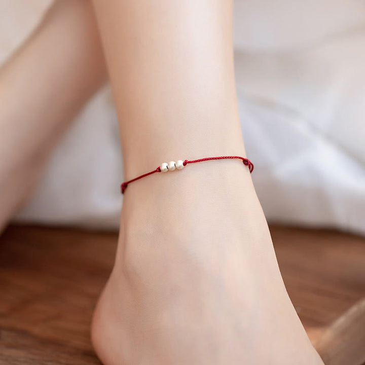 Buddha Stones 925 Sterling Silver Three Beads Protection String Bracelet Anklet - image 11