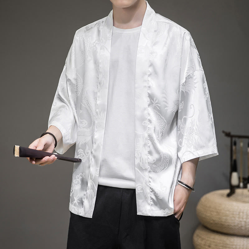 Buddha Stones Chinese Dragon Open Front Jacket Men's Kimono - White(Top Only) - US/UK/AU46，EU56 (5XL)  - image 0