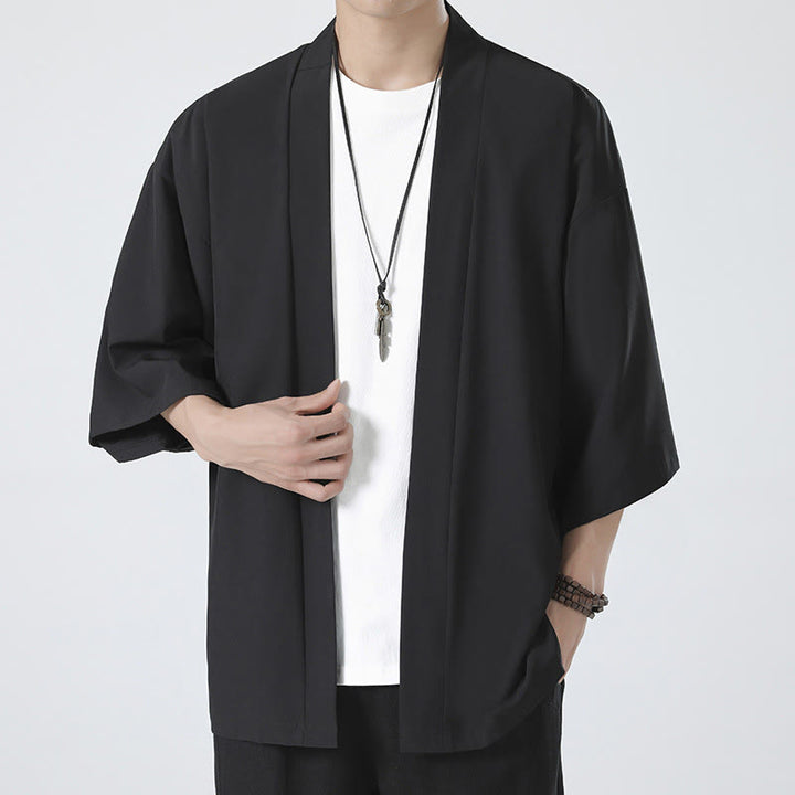 Buddha Stones Solid Color Open Front Jacket Men's Kimono