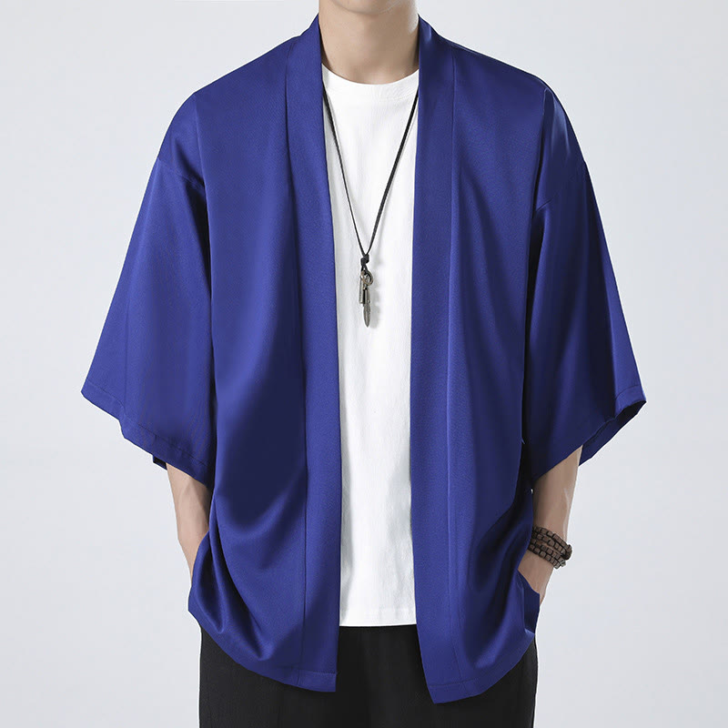 Buddha Stones Solid Color Open Front Jacket Men's Kimono