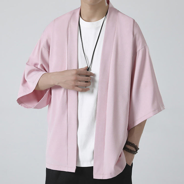 Buddha Stones Solid Color Open Front Jacket Men's Kimono