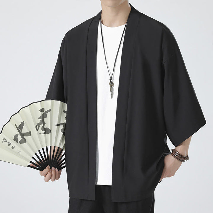 Buddha Stones Solid Color Open Front Jacket Men's Kimono