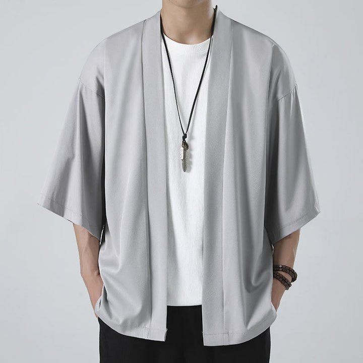 Buddha Stones Solid Color Open Front Jacket Men's Kimono