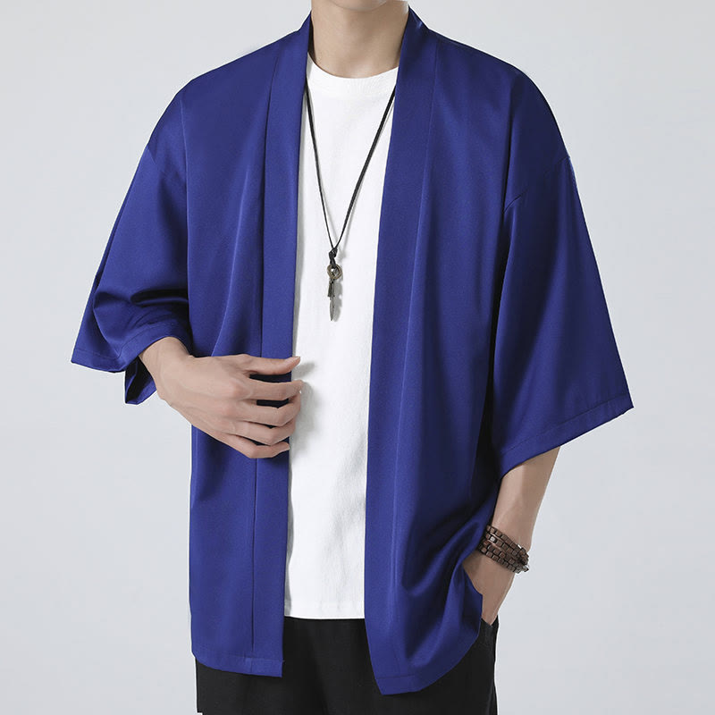 Buddha Stones Solid Color Open Front Jacket Men's Kimono