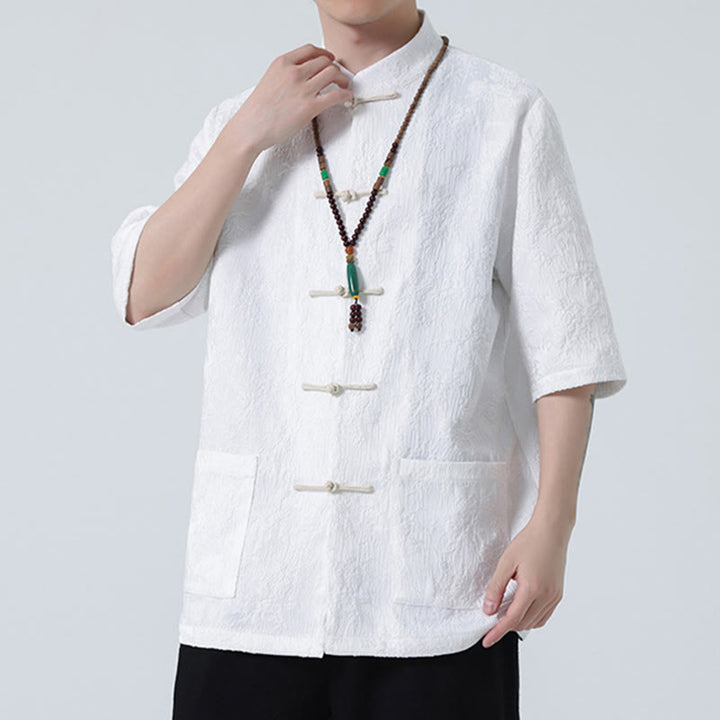 Buddha Stones Solid Color Jacquard Frog-button Chinese Half Sleeve Shirt Men T-shirt