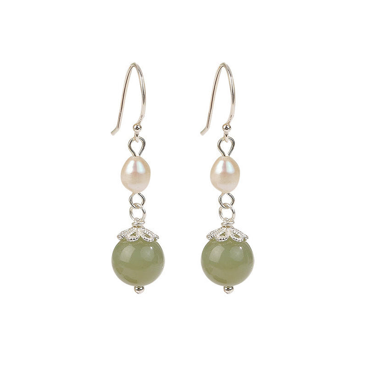 Buddha Stones 925 Sterling Silver Natural Pearl Jade Wisdom Earrings - image 4