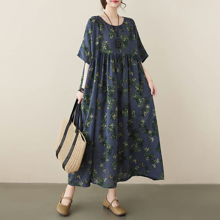 Buddha Stones Blue Brown Flowers Midi Dress Cotton Half Sleeve Tunic Dress With Pockets - image 4