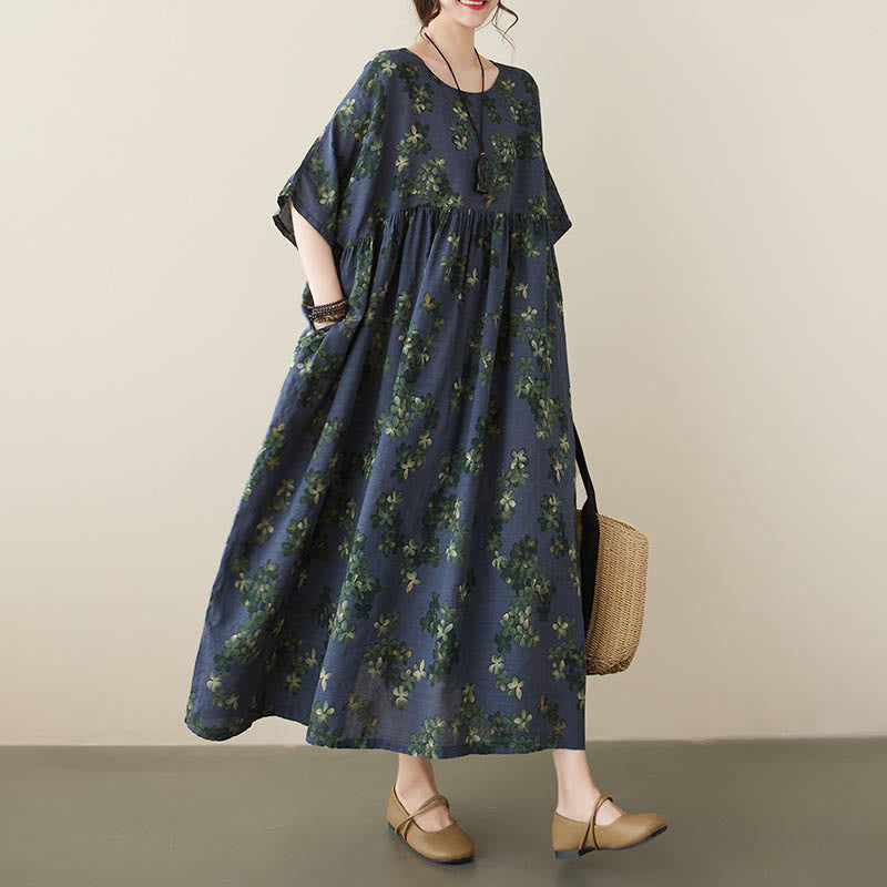 Buddha Stones Blue Brown Flowers Midi Dress Cotton Half Sleeve Tunic Dress With Pockets - Blue(Dress Only) - F(Bust 142cm/Hem 266cm/Length 120cm) - image 0