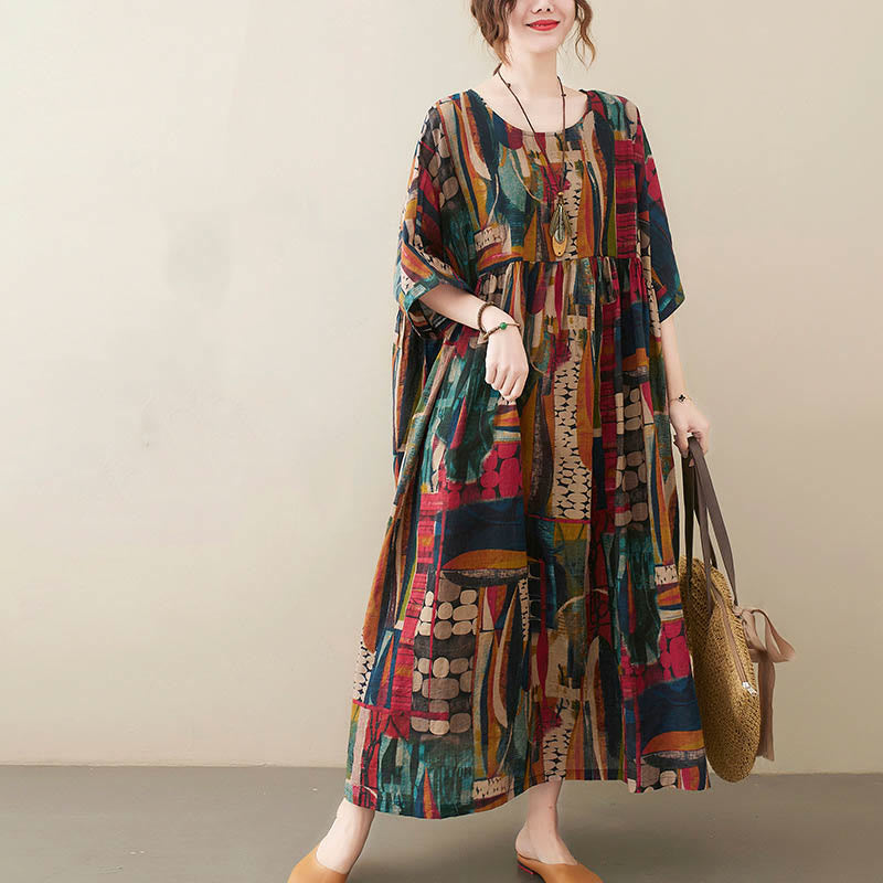 Buddha Stones Colorful Graphics Midi Dress Cotton Half Sleeve Tunic Dress With Pockets - image 1