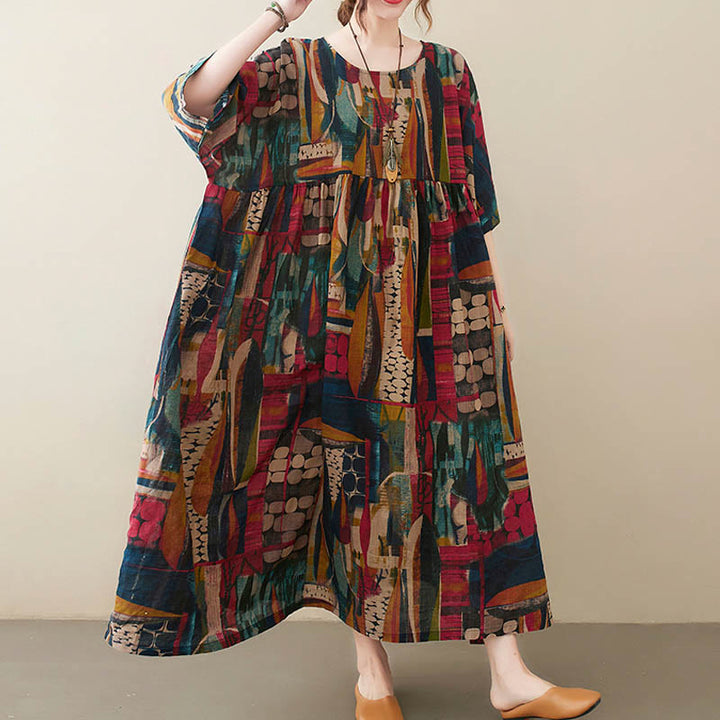 Buddha Stones Colorful Graphics Midi Dress Cotton Half Sleeve Tunic Dress With Pockets - image 8