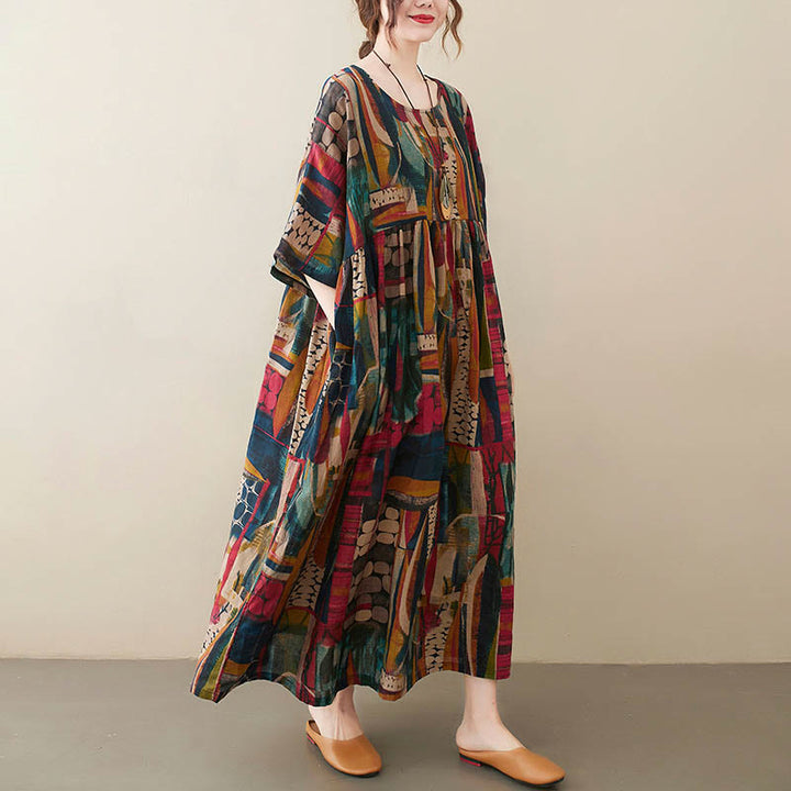 Buddha Stones Colorful Graphics Midi Dress Cotton Half Sleeve Tunic Dress With Pockets - Color(Dress Only)(Bust 142cm/Hem 130cm/Length 120cm) - image 0