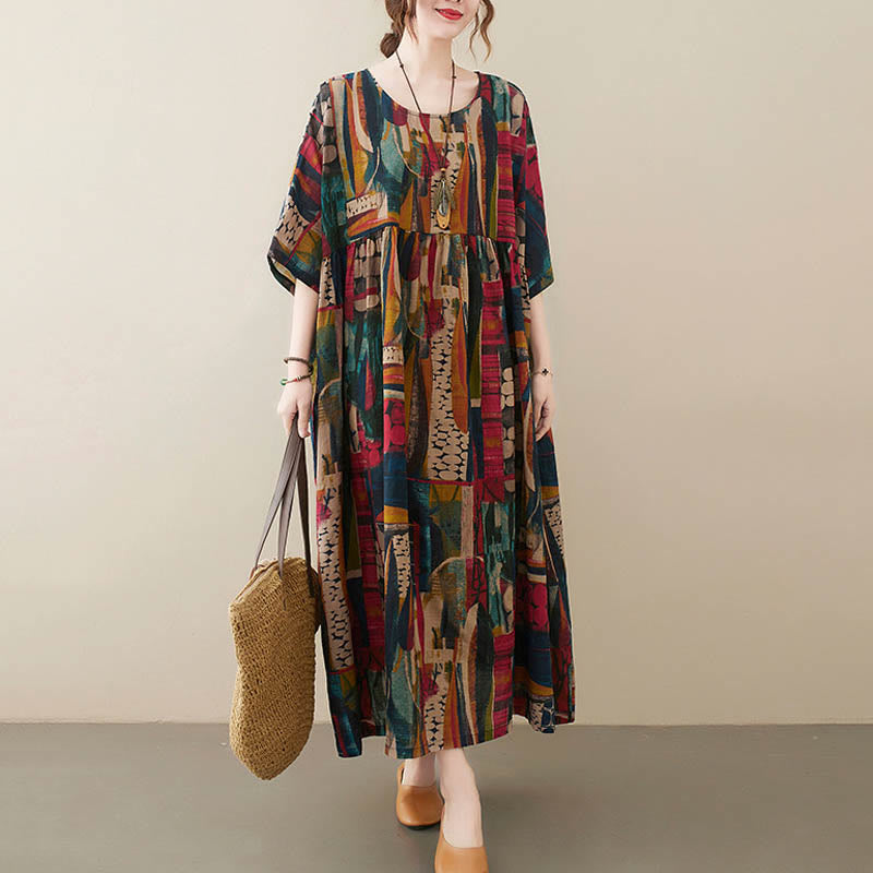 Buddha Stones Colorful Graphics Midi Dress Cotton Half Sleeve Tunic Dress With Pockets - image 2