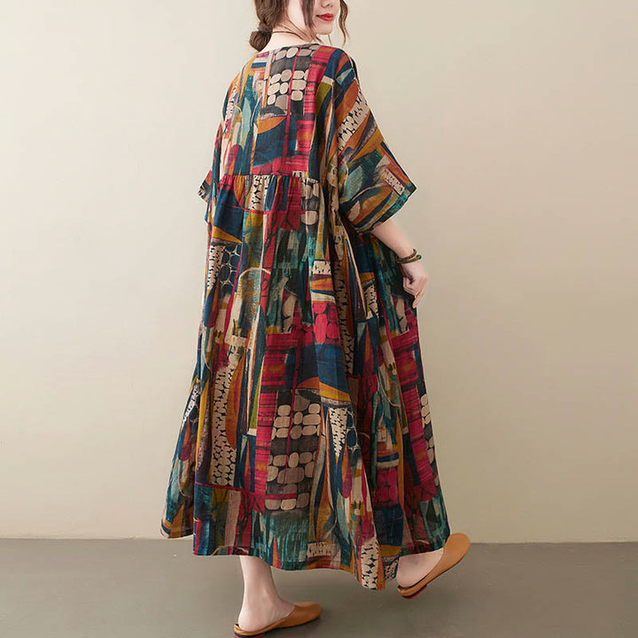 Buddha Stones Colorful Graphics Midi Dress Cotton Half Sleeve Tunic Dress With Pockets - image 5