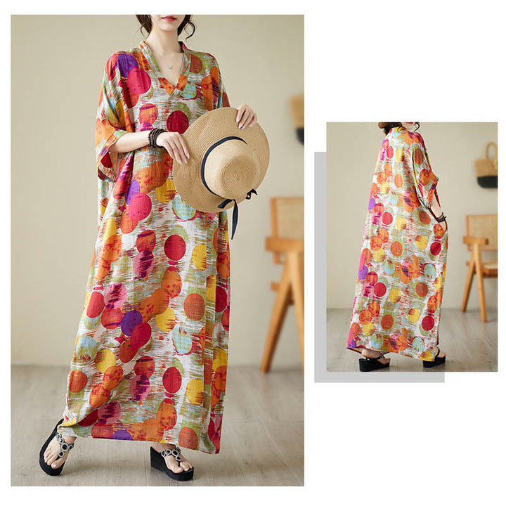 Buddha Stones Orange Blue Colorful Polka Dots Midi Dress Cotton Half Sleeve Dress With Pockets - image 13