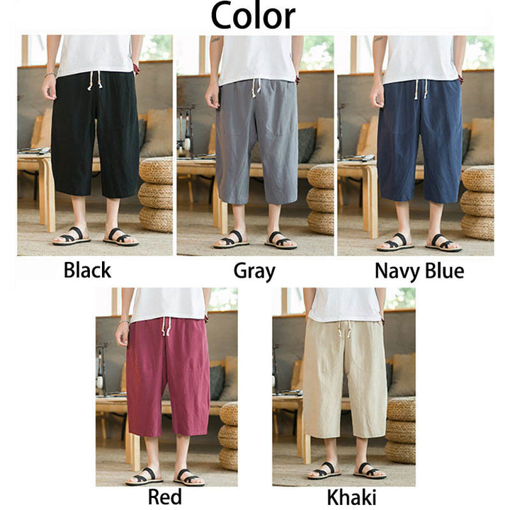 Buddha Stones Solid Color Mid-Length Wide Leg Pants Cotton Men's Wide Leg Pants With Pockets - image 12