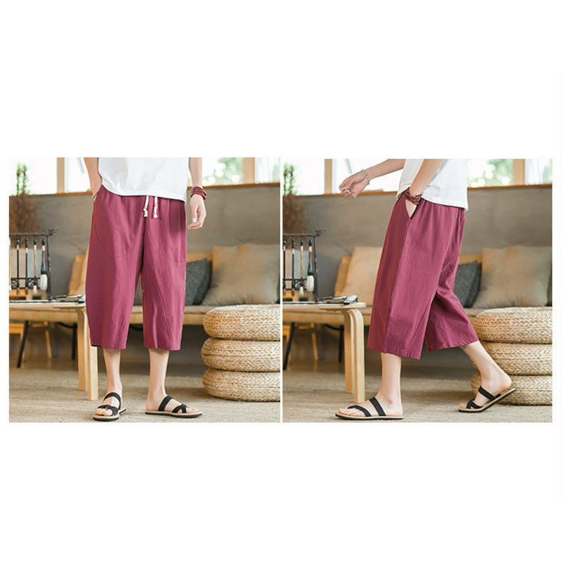 Buddha Stones Solid Color Mid-Length Wide Leg Pants Cotton Men's Wide Leg Pants With Pockets - image 39
