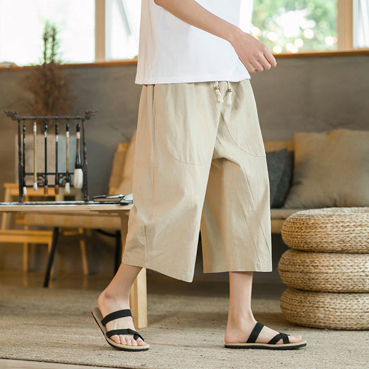 Buddha Stones Solid Color Mid-length Linen Men's Wide Leg Pants With Pockets - Khaki - US/UK/AU46，EU56 (5XL) - image 3