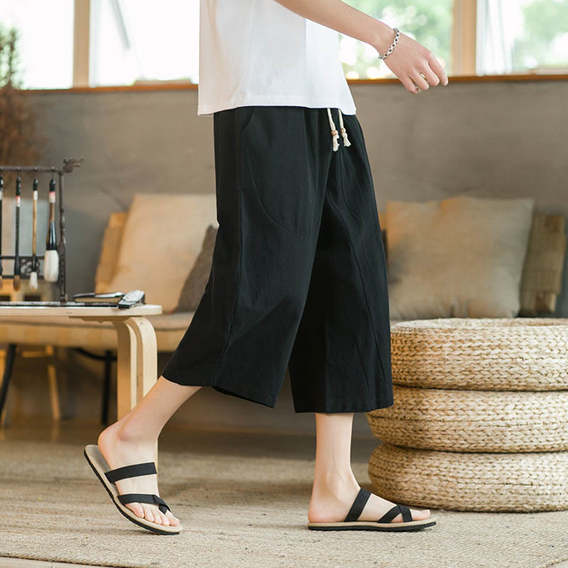 Buddha Stones Solid Color Mid-length Linen Men's Wide Leg Pants With Pockets - Black - US/UK/AU46，EU56 (5XL) - image 0