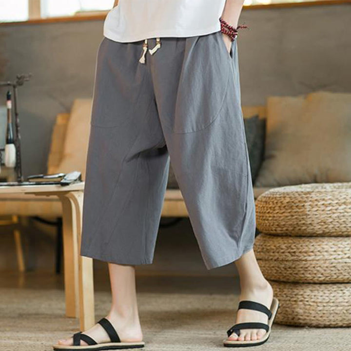 Buddha Stones Solid Color Mid-length Linen Men's Wide Leg Pants With Pockets - Gray - US/UK/AU46，EU56 (5XL) - image 26
