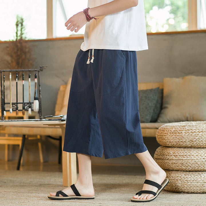 Buddha Stones Solid Color Mid-length Linen Men's Wide Leg Pants With Pockets - Navy Blue - US/UK/AU46，EU56 (5XL) - image 10