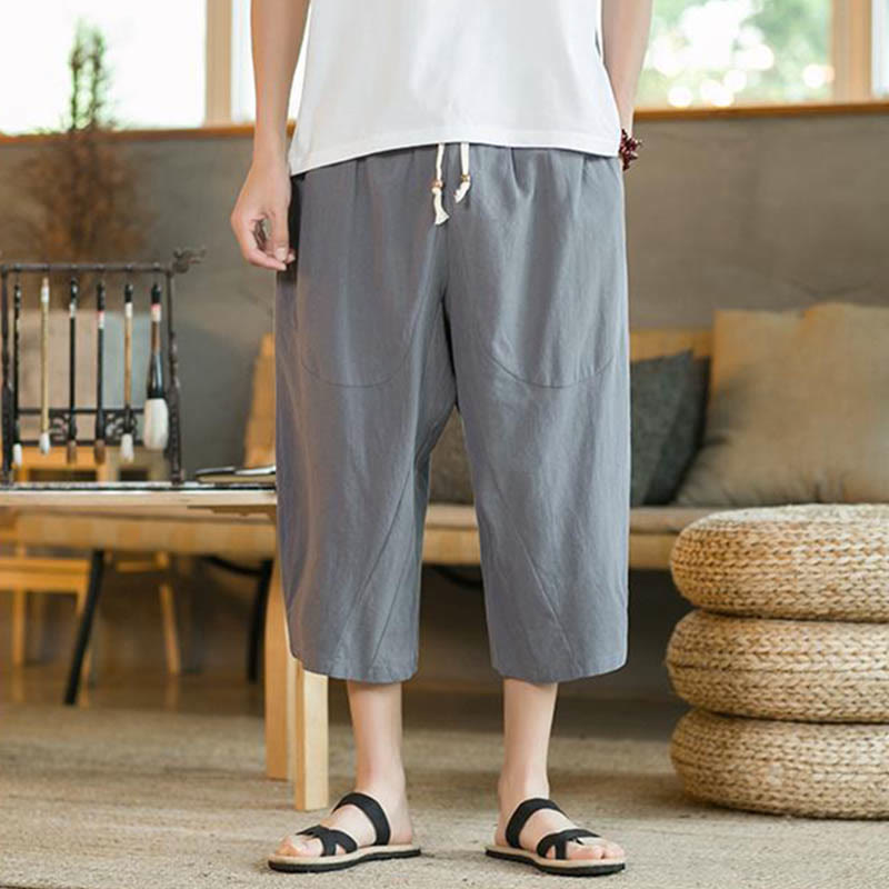 Buddha Stones Solid Color Mid-length Linen Men's Wide Leg Pants With Pockets - image 27