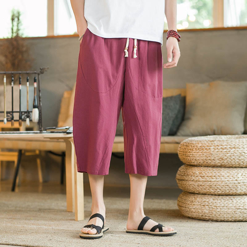 Buddha Stones Solid Color Mid-length Linen Men's Wide Leg Pants With Pockets - image 19