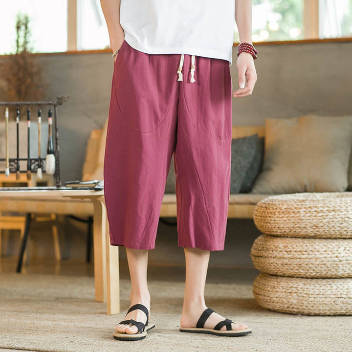 Buddha Stones Solid Color Mid-length Linen Men's Wide Leg Pants With Pockets - image 19