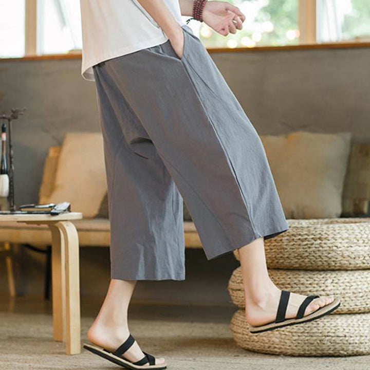 Buddha Stones Solid Color Mid-length Linen Men's Wide Leg Pants With Pockets - image 28