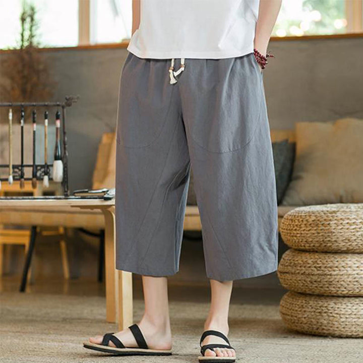 Buddha Stones Solid Color Mid-length Linen Men's Wide Leg Pants With Pockets - image 29