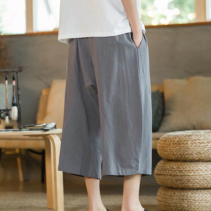 Buddha Stones Solid Color Mid-length Linen Men's Wide Leg Pants With Pockets - image 30