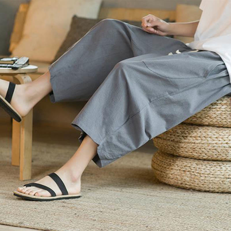 Buddha Stones Solid Color Mid-length Linen Men's Wide Leg Pants With Pockets - image 32