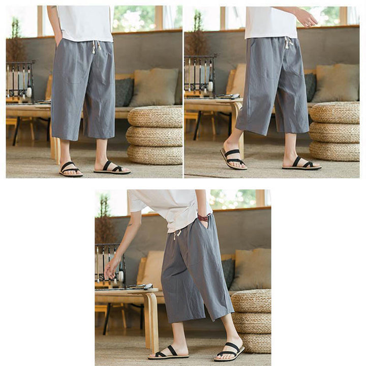 Buddha Stones Solid Color Mid-length Linen Men's Wide Leg Pants With Pockets - image 33