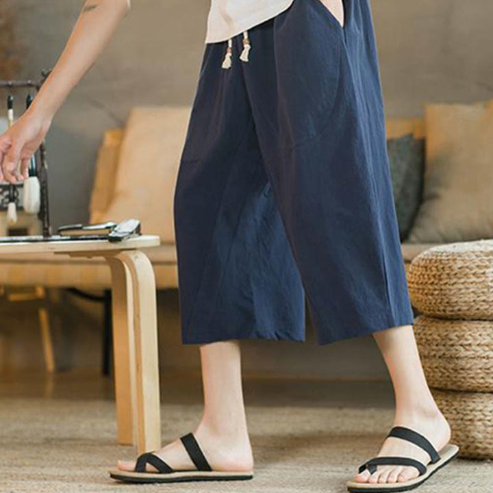 Buddha Stones Solid Color Mid-length Men's Wide Leg Pants With Pockets - image 9