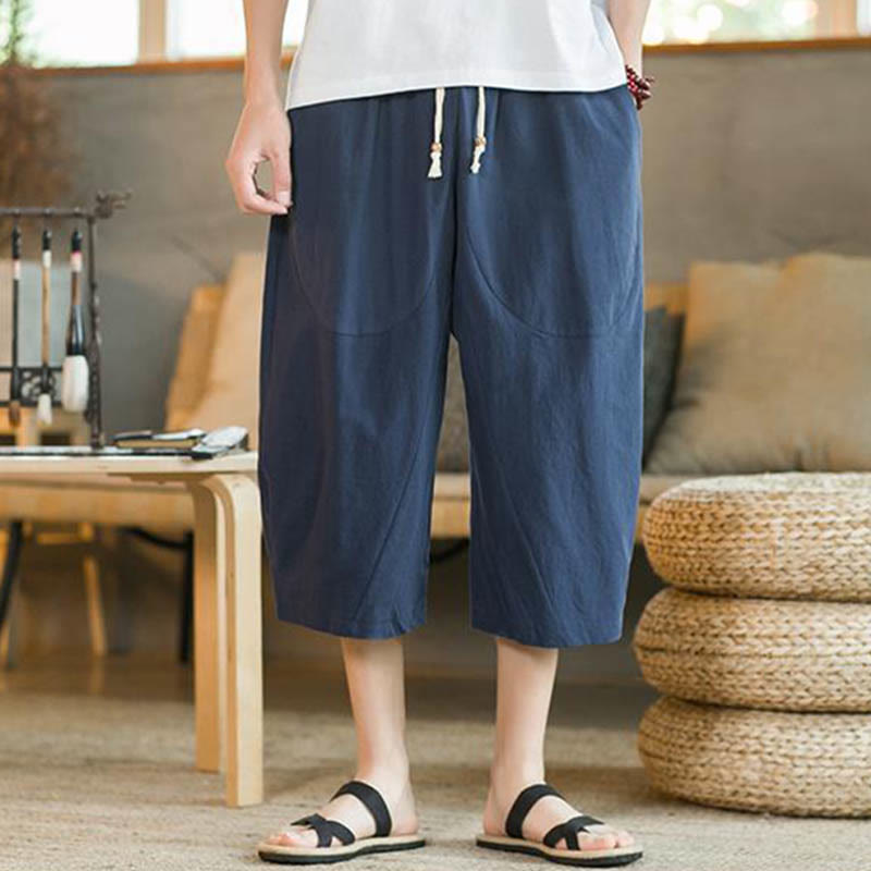 Buddha Stones Solid Color Mid-length Linen Men's Wide Leg Pants With Pockets - image 11