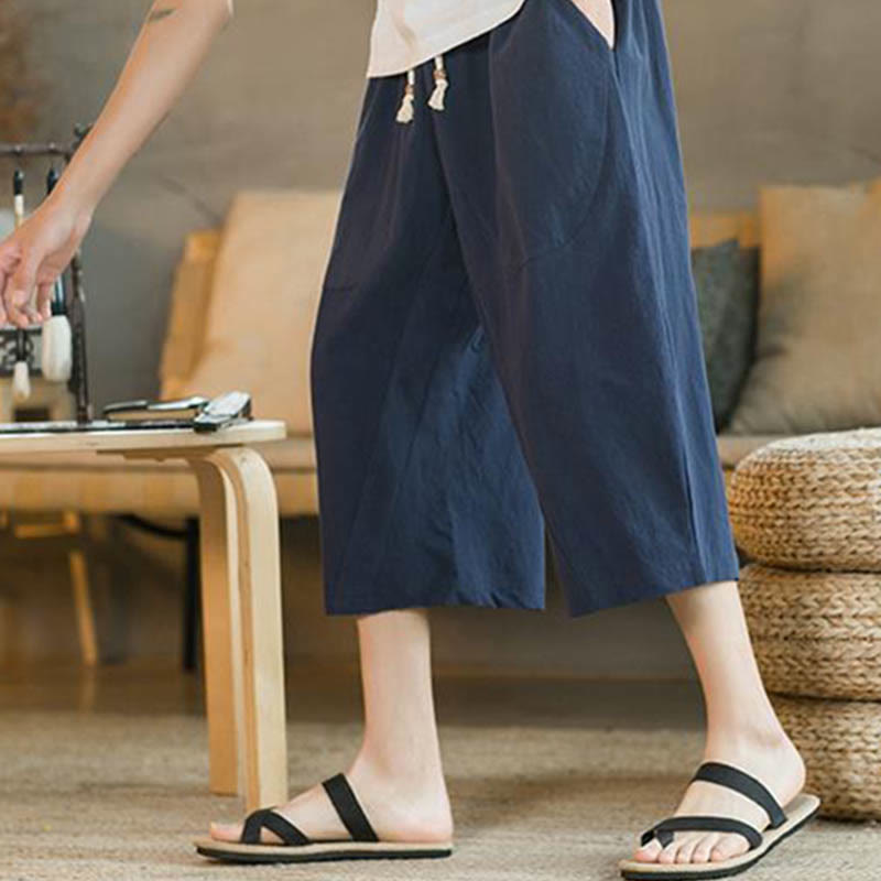Buddha Stones Solid Color Mid-length Linen Men's Wide Leg Pants With Pockets - image 10