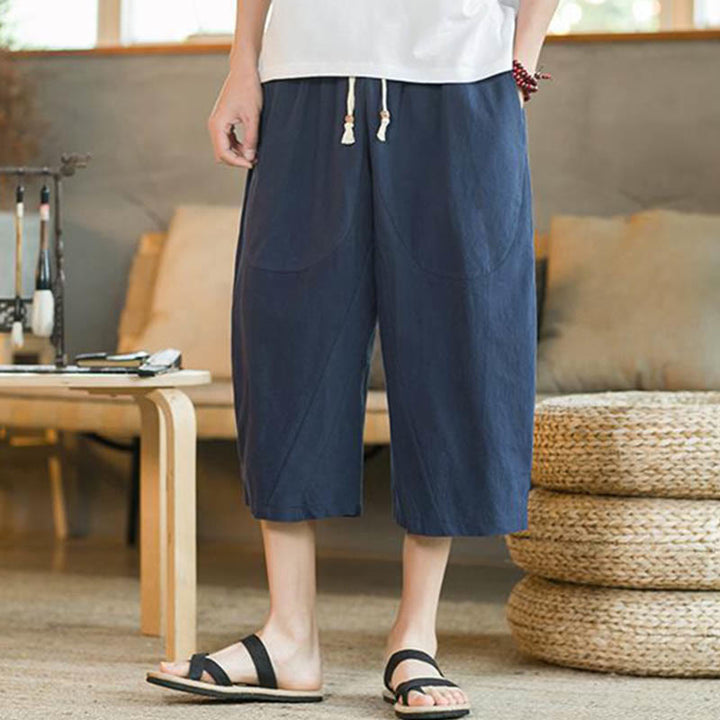 Buddha Stones Solid Color Mid-length Linen Men's Wide Leg Pants With Pockets - image 14