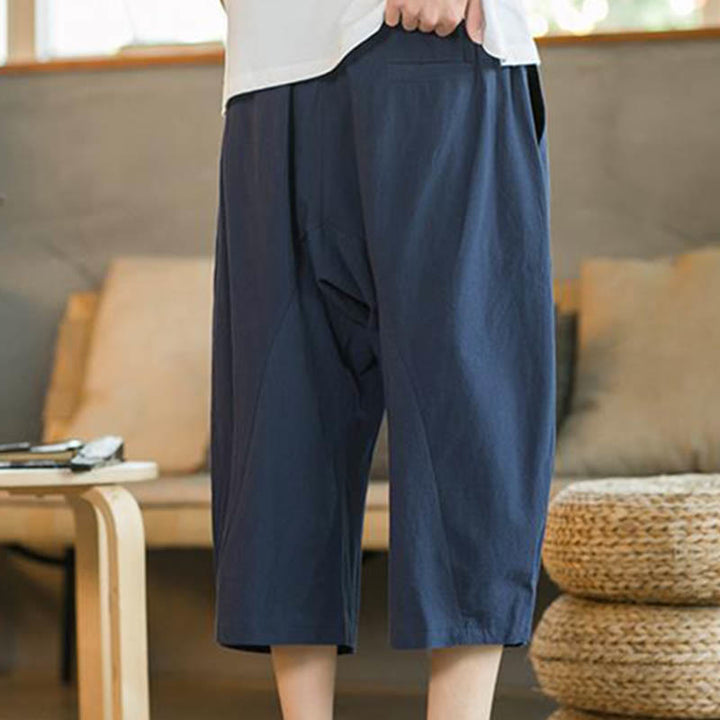 Buddha Stones Solid Color Mid-length Linen Men's Wide Leg Pants With Pockets - image 13