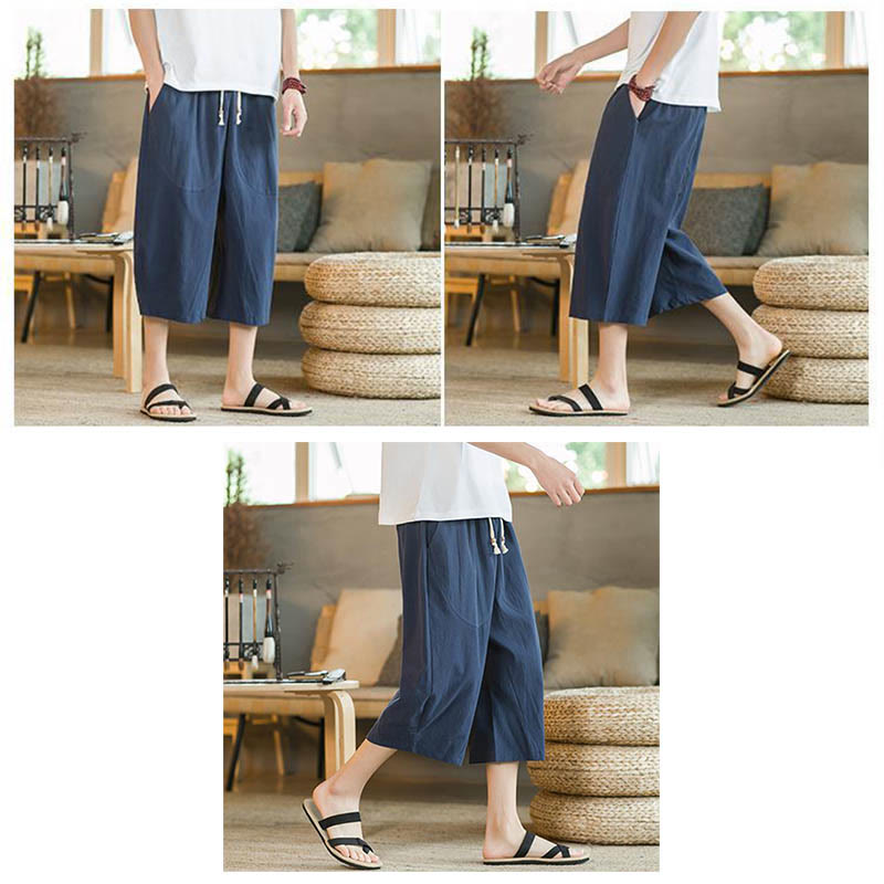 Buddha Stones Solid Color Mid-length Linen Men's Wide Leg Pants With Pockets - image 15