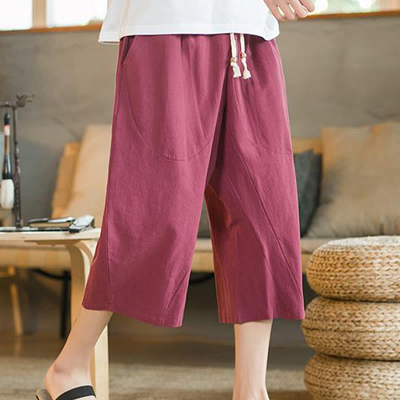 Buddha Stones Solid Color Mid-length Linen Men's Wide Leg Pants With Pockets - Red - US/UK/AU46，EU56 (5XL) - image 17