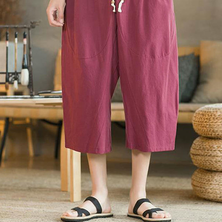 Buddha Stones Solid Color Mid-length Linen Men's Wide Leg Pants With Pockets - image 21