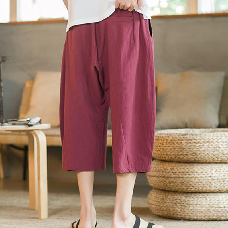 Buddha Stones Solid Color Mid-length Linen Men's Wide Leg Pants With Pockets - image 20