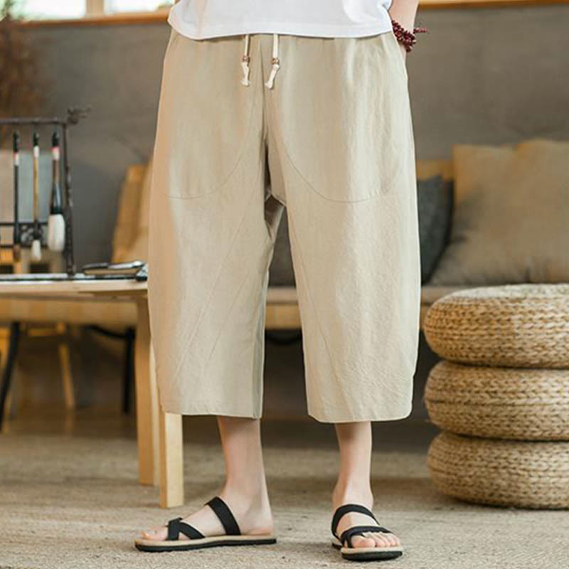 Buddha Stones Solid Color Mid-length Linen Men's Wide Leg Pants With Pockets - image 3