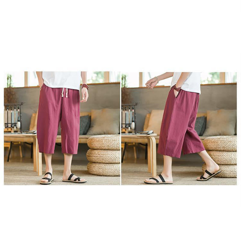 Buddha Stones Solid Color Mid-length Linen Men's Wide Leg Pants With Pockets - image 25